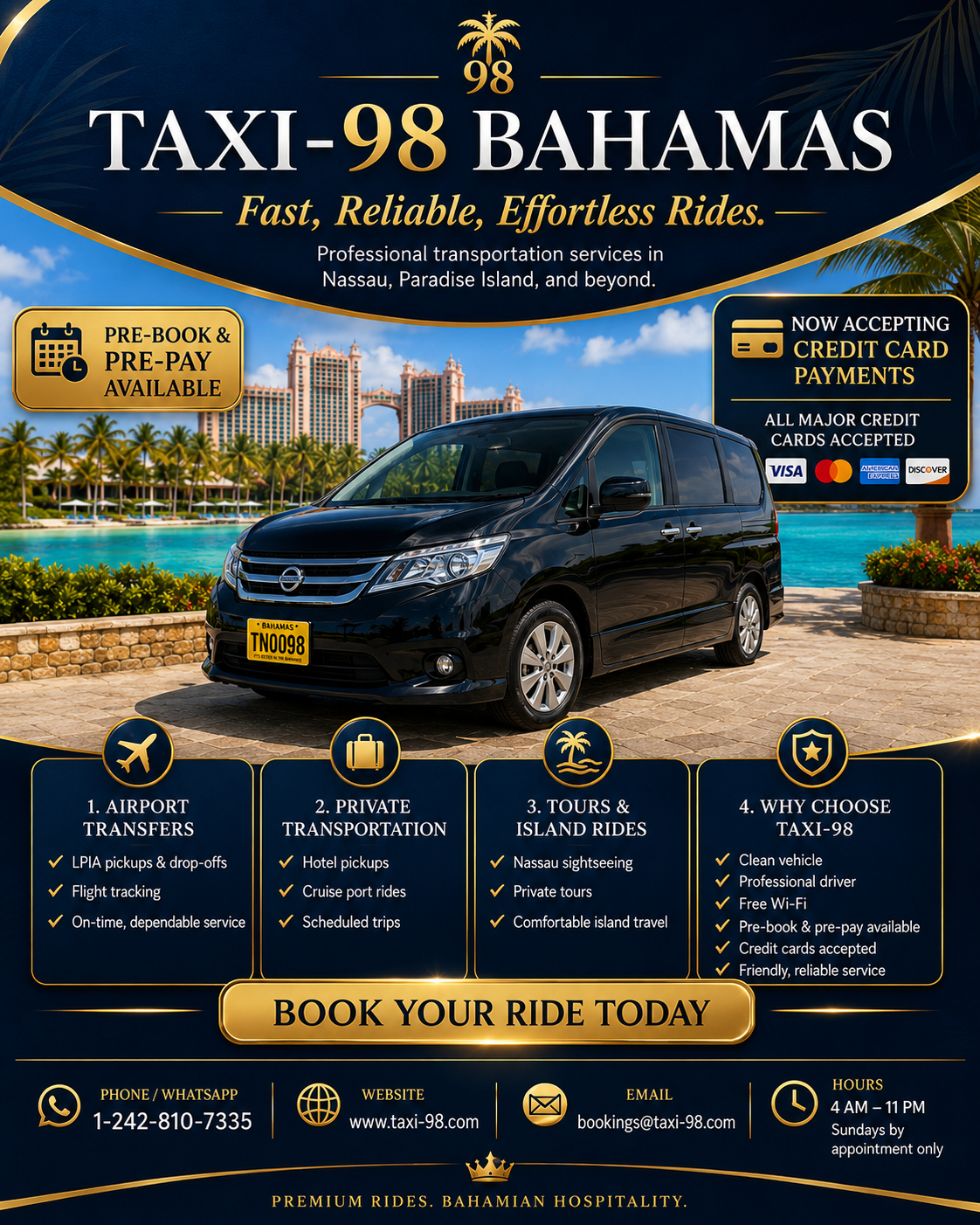 Taxi-98 Bahamas — Premium black van transportation at Paradise Island